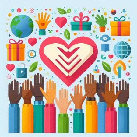 Vector illustration of hands with heart and gift boxes in the background.のイラスト素材