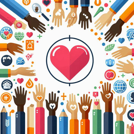 Hands with heart and social media icons around. Vector illustration.のイラスト素材