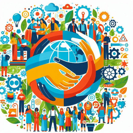 Global communication concept. Hand holding globe and people around. Vector illustrationのイラスト素材