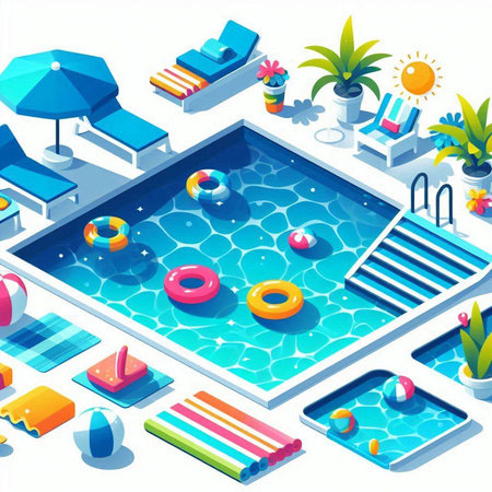 Pool isometric composition with swimming pool, umbrellas and sunbeds vector illustration