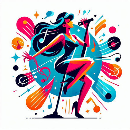 Girl with a microphone on a background of musical notes. Vector illustrationのイラスト素材