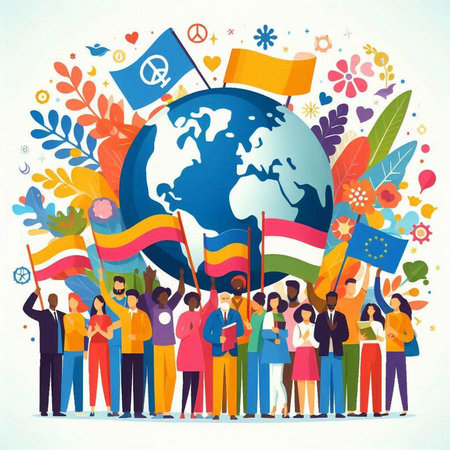 People holding flags of different countries around the world. Vector illustration.のイラスト素材