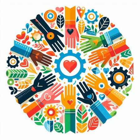 Teamwork concept in circle shape made of hand icons, vector illustrationのイラスト素材