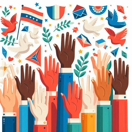 Hands of people with different national symbols. Vector illustration in flat styleのイラスト素材