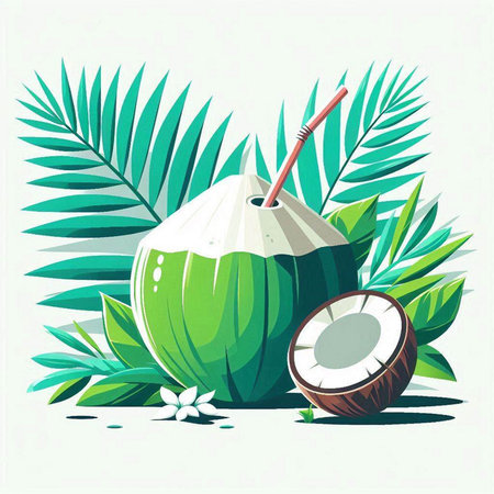 Coconut with straw and palm leaves. Vector illustration in flat style.のイラスト素材