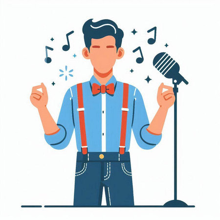 Man in blue shirt and bow tie singing into microphone. Flat style vector illustration.のイラスト素材