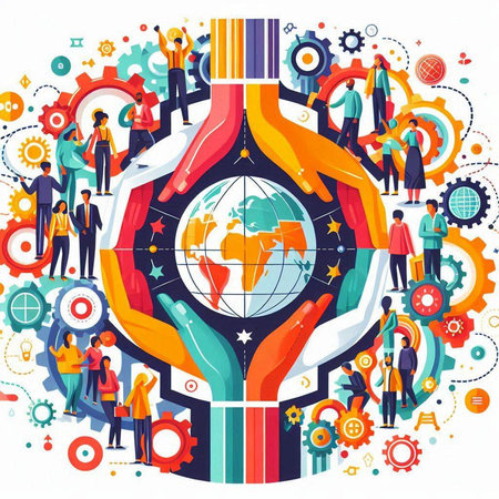 Human hands holding globe and people around. Teamwork concept. Vector illustrationのイラスト素材