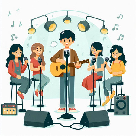 Illustration of a group of young people singing in the recording studio.のイラスト素材