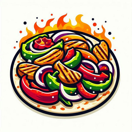 Illustration of a grilled meat on a plate with tomato sauce and onions