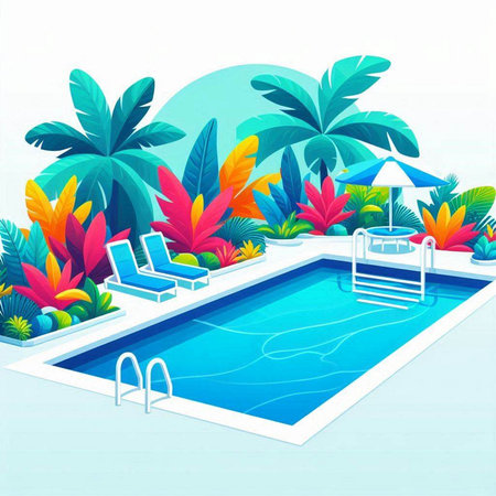 Swimming pool with sunbeds and palm trees. Vector illustration.