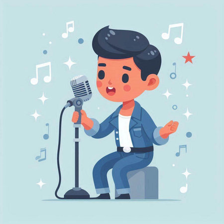 Cute Cartoon Man Singing in Microphone. Vector Illustrationのイラスト素材