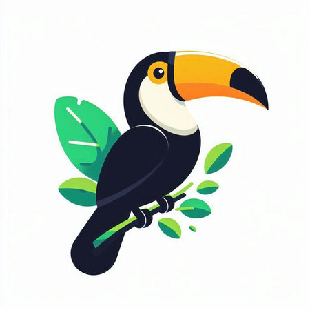 Toucan on a branch with leaves. Vector illustration in flat style.のイラスト素材