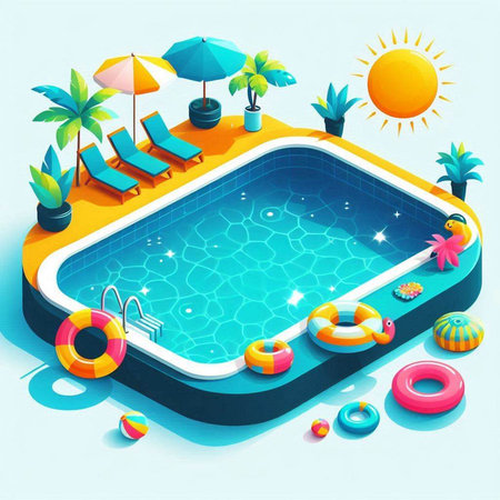 Swimming pool isometric background. Vector illustration of a swimming pool in the summer.のイラスト素材