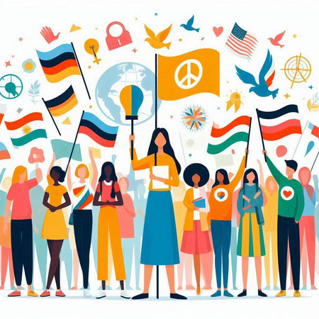 People with flags and symbols of the world. Flat vector illustration.のイラスト素材