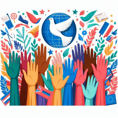 Vector illustration of international day of peace concept with hands and planet.のイラスト素材