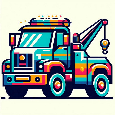 Truck with crane, vector illustration in flat style. Colorful design.のイラスト素材