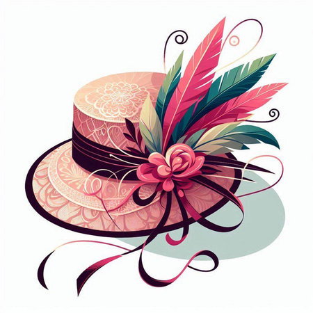 Vector illustration of a hat with feathers and flower. Vector illustration.のイラスト素材