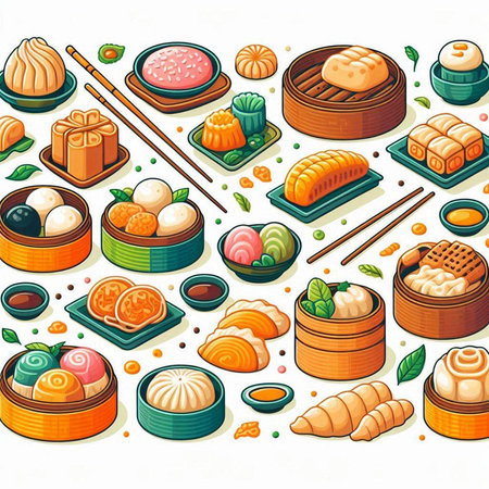 Seamless pattern with sushi, rolls and dumplings. Vector illustrationのイラスト素材