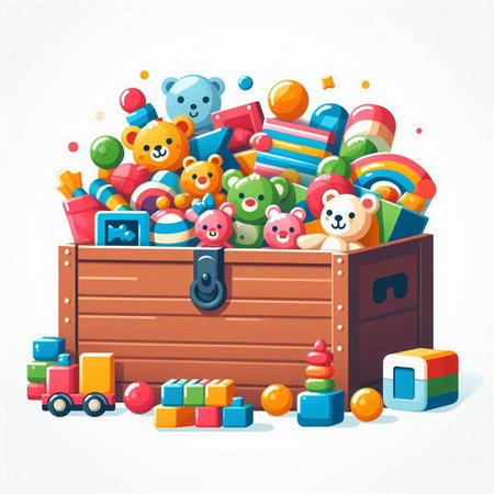 Wooden box full of toys. Vector illustration in cartoon style.のイラスト素材