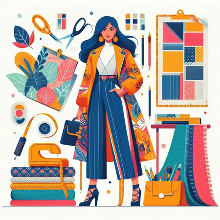 Vector illustration of fashion woman with bag and accessories. Vector illustration.のイラスト素材