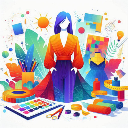 Vector illustration of a fashion designer in front of a set of accessoriesのイラスト素材