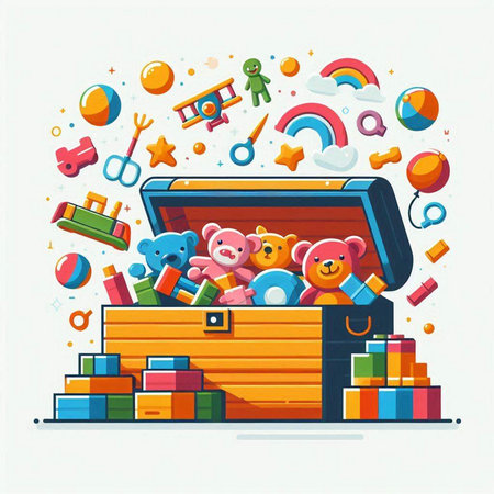 Colorful vector illustration of children's toys in a wooden chest.のイラスト素材