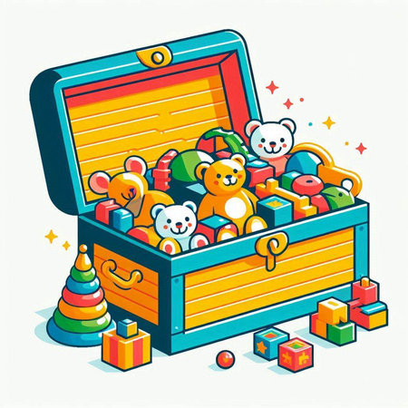 Illustration of a chest full of toys on a white background.のイラスト素材