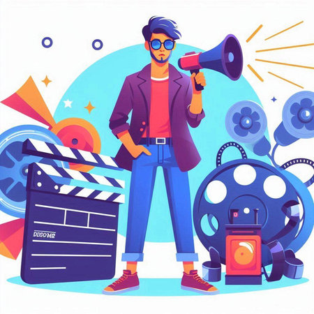 Cinema concept vector illustration. Cartoon man with megaphone and clapper board.のイラスト素材