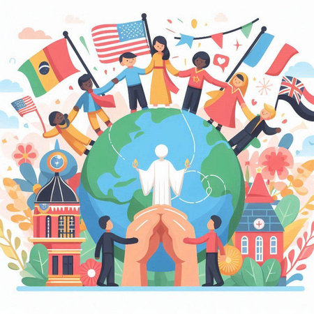 People around the world with flags and symbols. Vector illustration in flat styleのイラスト素材