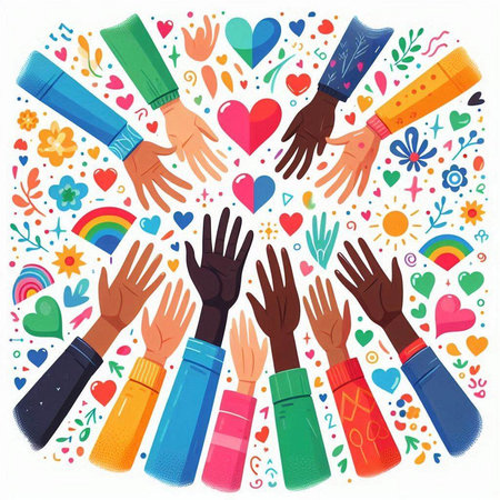 Hands of diverse people around the heart. Vector illustration in flat style.のイラスト素材