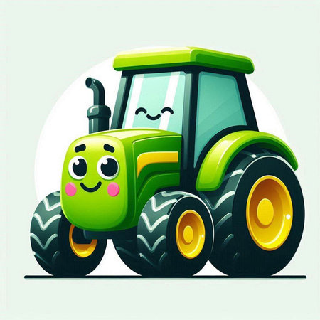 Cartoon tractor. Vector illustration of funny green tractor with smiling face.のイラスト素材