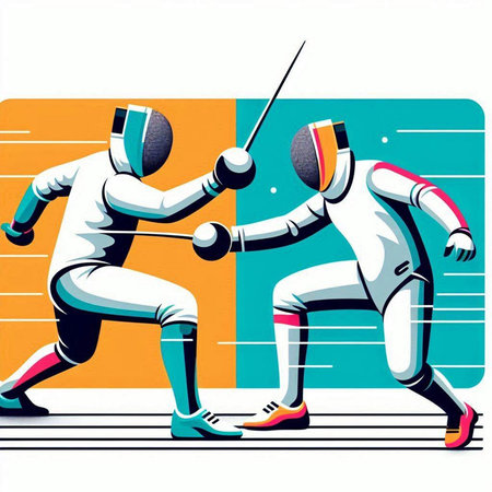 Fencing players in action, vector illustration, sport background, posterのイラスト素材