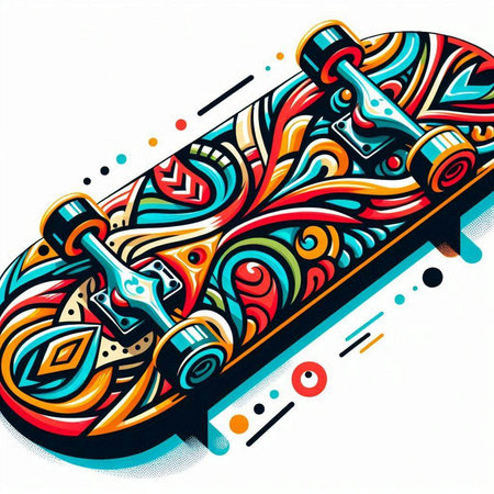 Skateboard with colorful abstract pattern on white background. Vector illustrationのイラスト素材