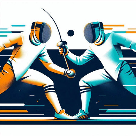 Fencing sport poster. Fencing athletes in action vector illustration.