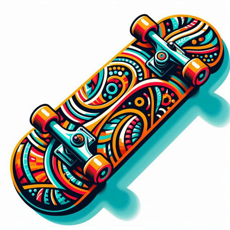 Skateboard with colorful pattern on white background. Vector illustration.