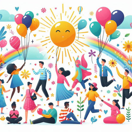 Happy people with colorful balloons and confetti. Flat vector illustration.のイラスト素材