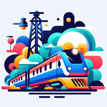 Modern train on the background of the city. Vector illustration in trendy flat style.