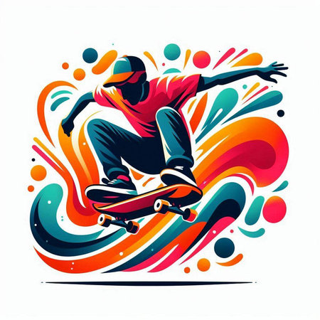 Vector illustration of a skateboarder in action on colorful background.のイラスト素材