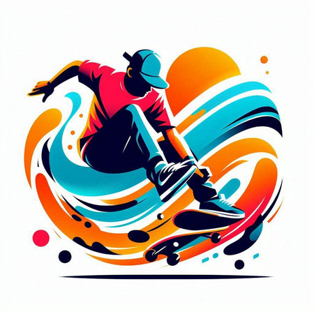 Skateboarder in action on colorful background. Vector illustration.のイラスト素材