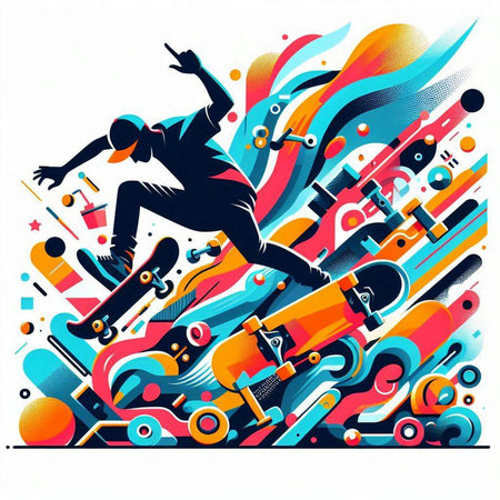 Skateboarder on abstract colorful background. Vector illustration. Eps 10のイラスト素材