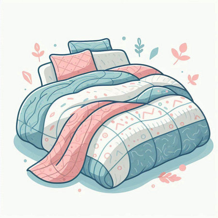 Hand drawn vector illustration of a bed with pillows and plaidsのイラスト素材
