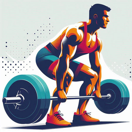 Vector illustration of a man lifting a barbell in retro style.のイラスト素材