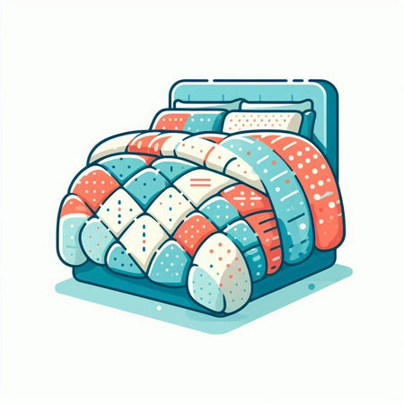 Vector illustration of a bed with pillows and plaids.のイラスト素材