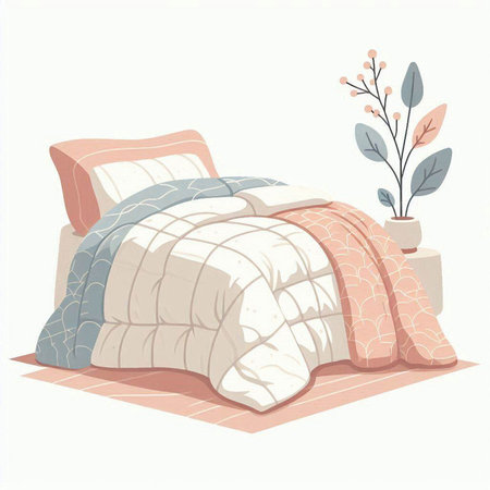 Illustration of a cozy bedroom with a set of pillows and bedding