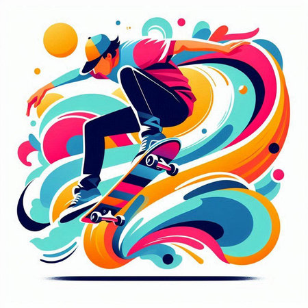 Vector illustration of a skateboarder on abstract background with colorful elementsのイラスト素材