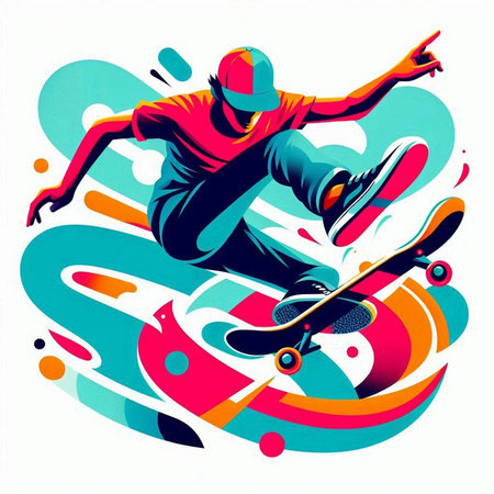 Vector illustration of a skateboarder jumping on colorful background with space for text