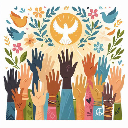 Vector illustration of raised hands with a dove of peace in the center.のイラスト素材