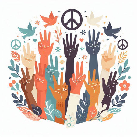 Hands of different ethnicities with peace sign. Vector illustration.