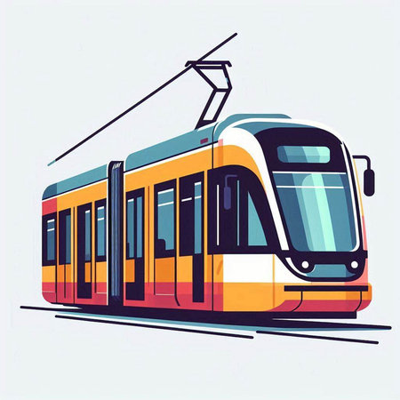 Modern tram in the city. Vector illustration of the tramway.のイラスト素材