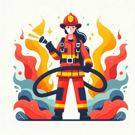 Firefighter woman with hose in fire. Vector illustration in flat styleのイラスト素材